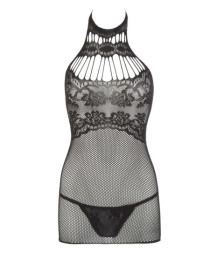Petite robe en résille noire, sans couture, avec dentelle sur la poitrine. String assorti 
